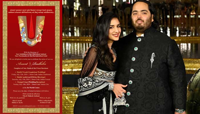 ws18, which featured the invitation card, the couple will tie the knot at the Jio World Convention Centre in Mumbai, India, on July 12. The traditional red and gold invitation card disclosed that the CEO of Reliance Industries Limited, Mukesh Ambani, and his wife Nita Ambani will host a three-day extravaganza for their son's wedding. Here's a breakdown of the three-day celebration according to the invite: July 12 — The main wedding ceremonies will take place, with guests advised to wear Indian traditional attire. July 13 — The couple will host a "Divine Blessings" event, for which guests are again requested to wear Indian formal attire. July 14 — The wedding reception will be held, with the dress code specified as "Indian chic." Anant Ambani and Radhika Merchant's official wedding invitation revealed. The Ambani family is currently engaged in Anant and Radhika's second pre-wedding celebration, a lavish five-day cruise to Italy with their celebrity and billionaire friends.